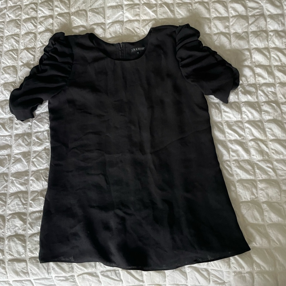 Theory black mesh ruffle shoulder top